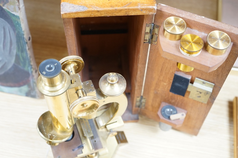 An R&J Beck London cased brass microscope, 31cm high. Condition - good